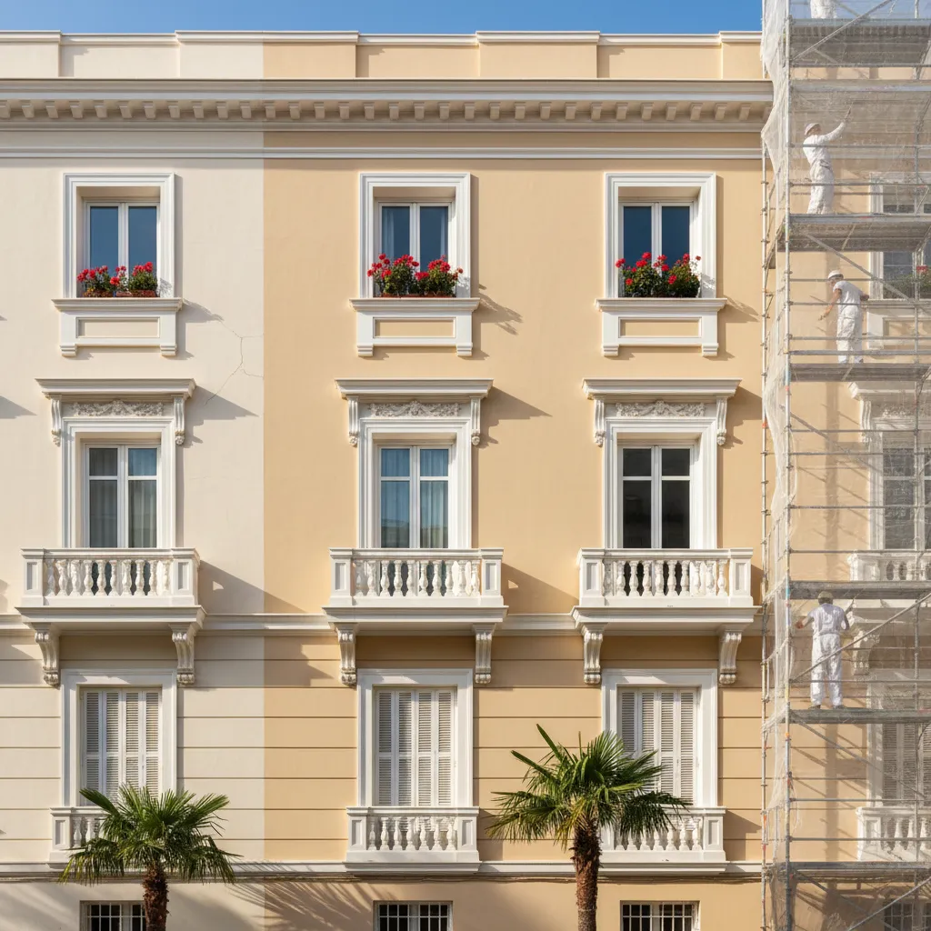 Rehabilitación y pintura de fachada de edificio de comunidad de vecinos en Madrid