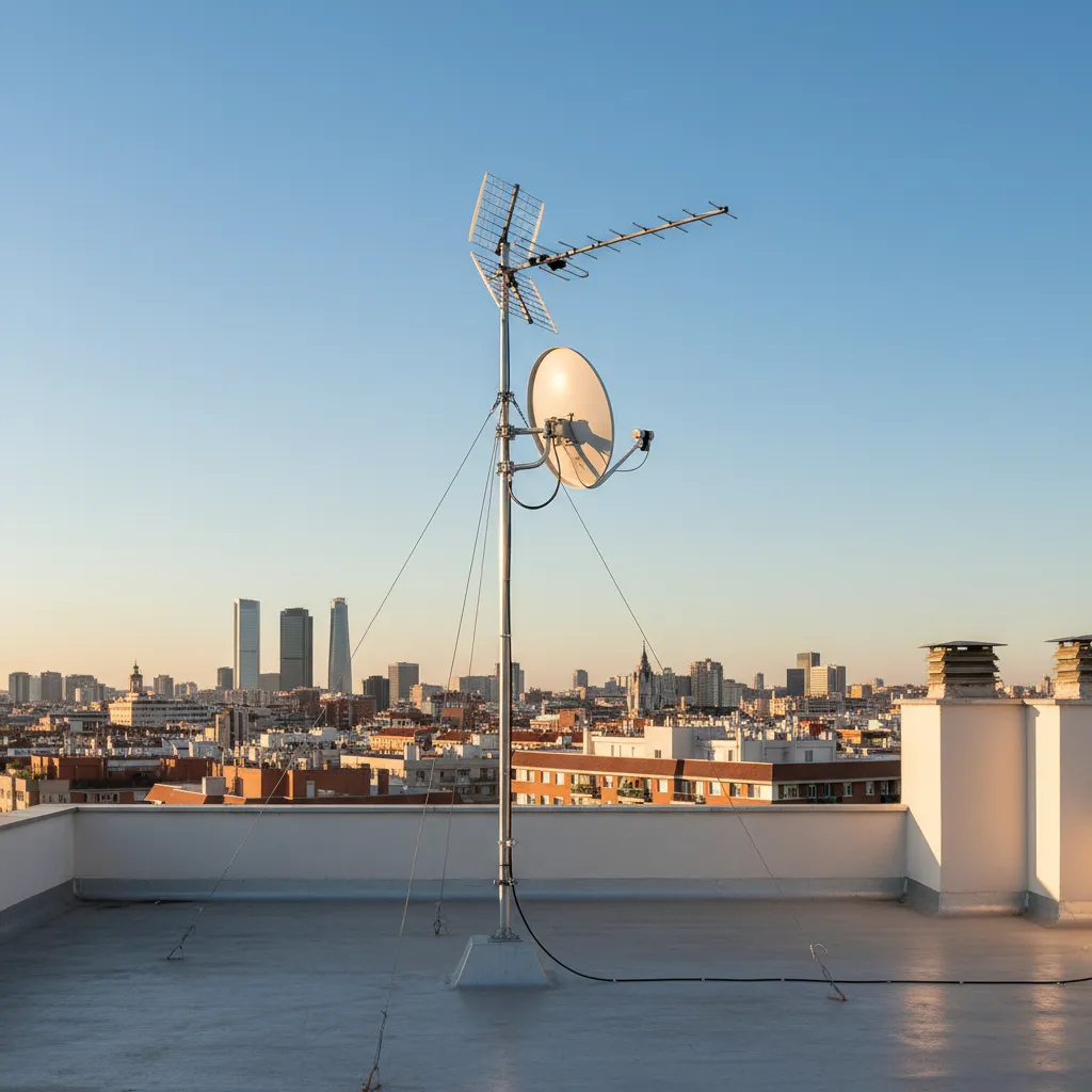 Instalación profesional de antena TDT en azotea de edificio residencial en Madrid