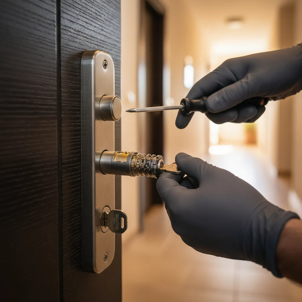 Cerrajero profesional instalando cerradura de alta seguridad en puerta de comunidad