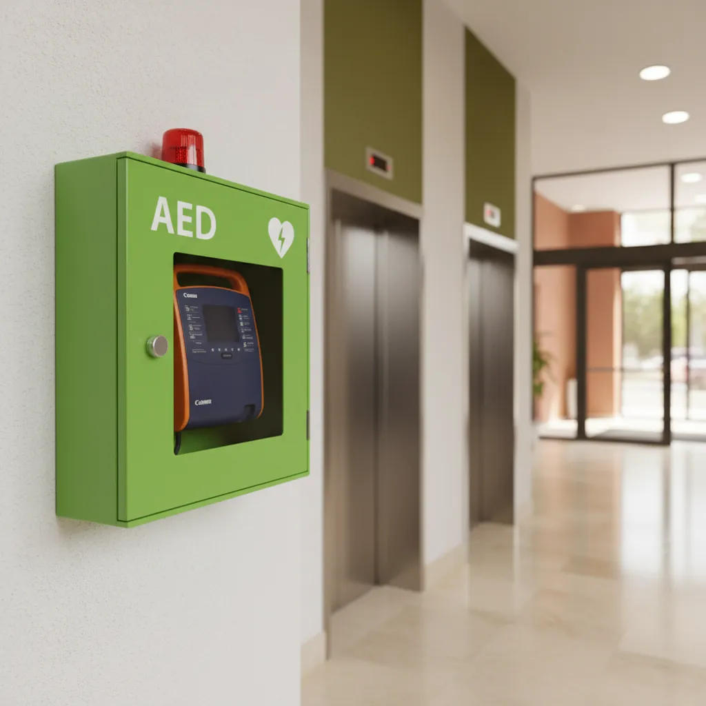 Desfibrilador DEA semiautomático instalado en el portal de una comunidad de vecinos en Madrid