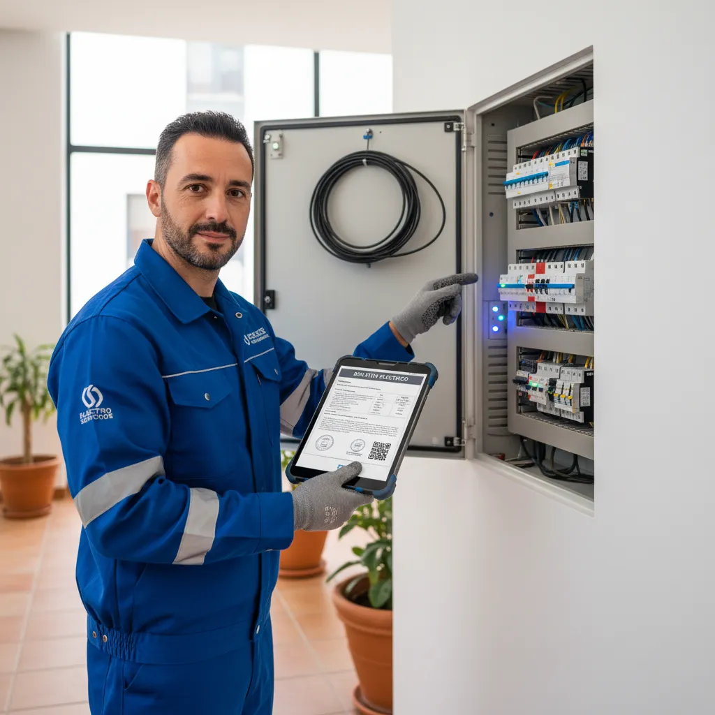 Electricista autorizado realizando inspección de cuadro eléctrico y emitiendo boletín eléctrico oficial en comunidad de vecinos en Madrid