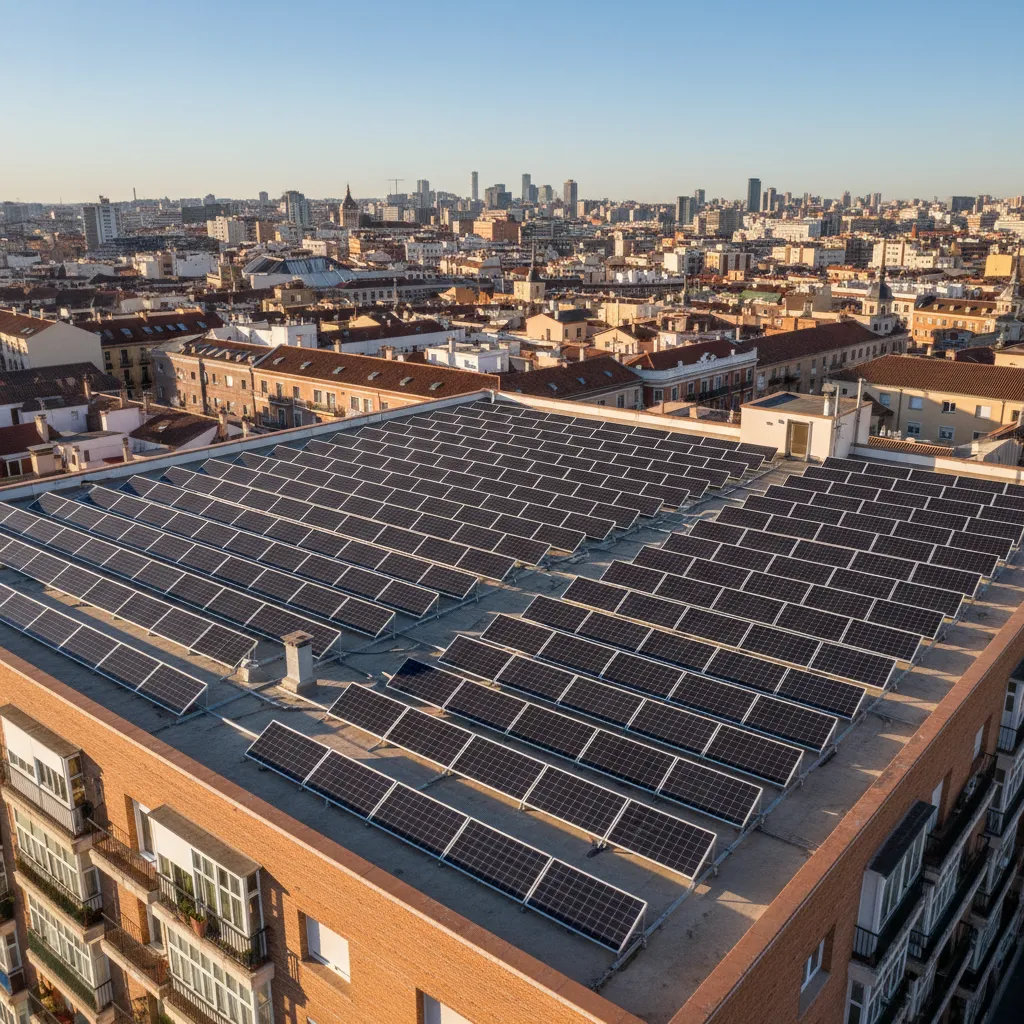 Instalación de paneles solares fotovoltaicos en azotea de comunidad de vecinos en Madrid