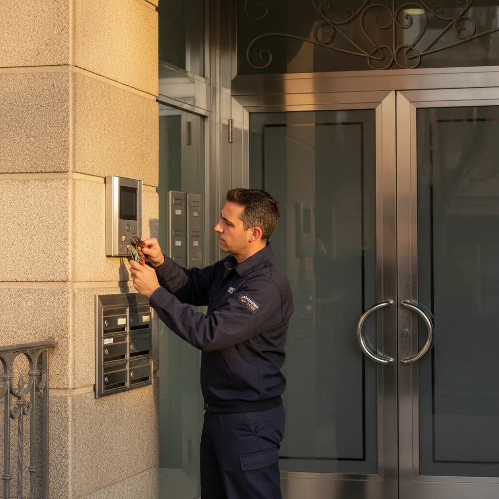 Técnico de seguridad instalando videoportero en portal de comunidad de propietarios en Madrid
