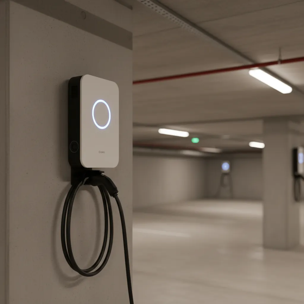 Punto de carga para vehículo eléctrico instalado en garaje comunitario en Madrid