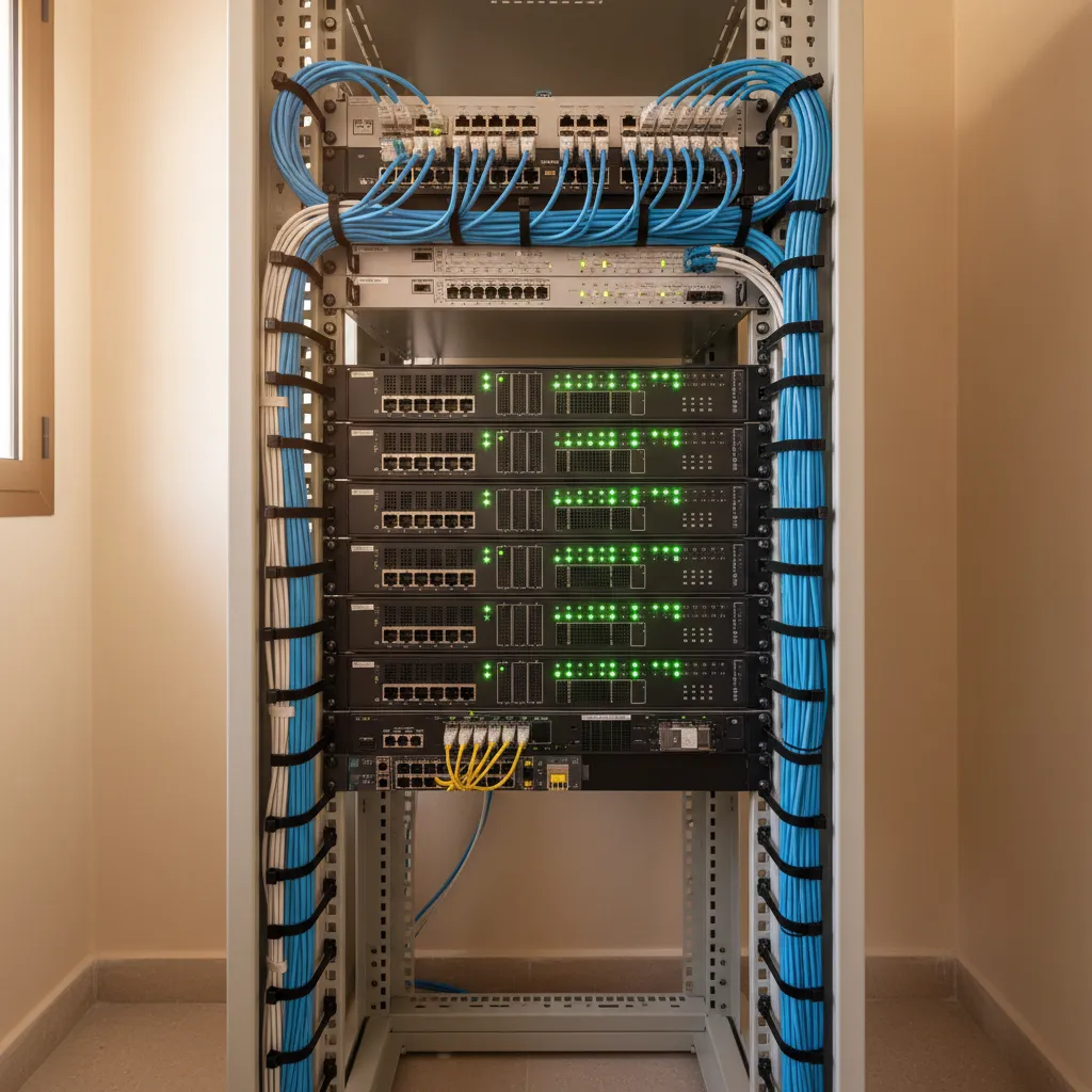 Instalación de cableado estructurado y rack de telecomunicaciones en edificio de Madrid