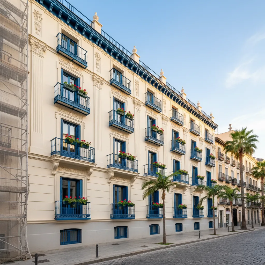 Fachada de edificio rehabilitada con pintura y restauración
