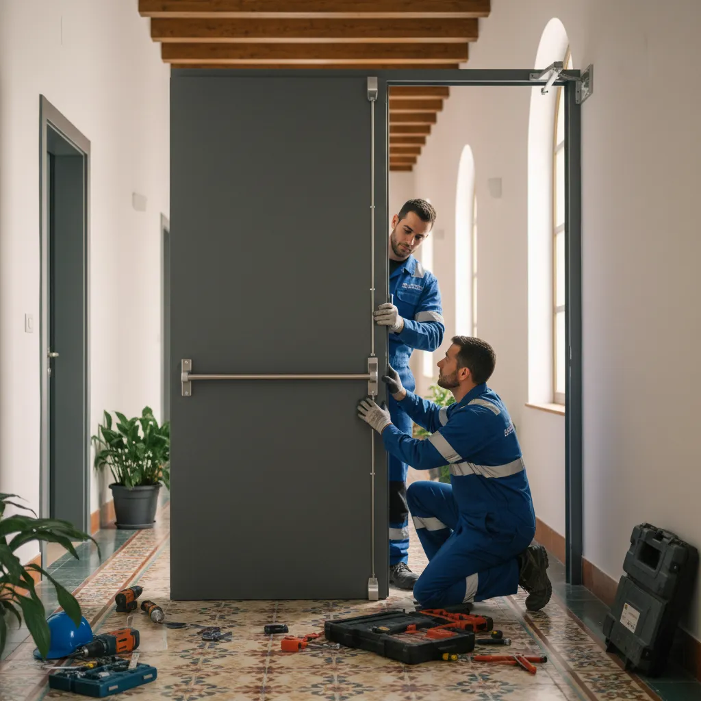 Puerta abatible cortafuegos con certificado CE en comunidad de vecinos